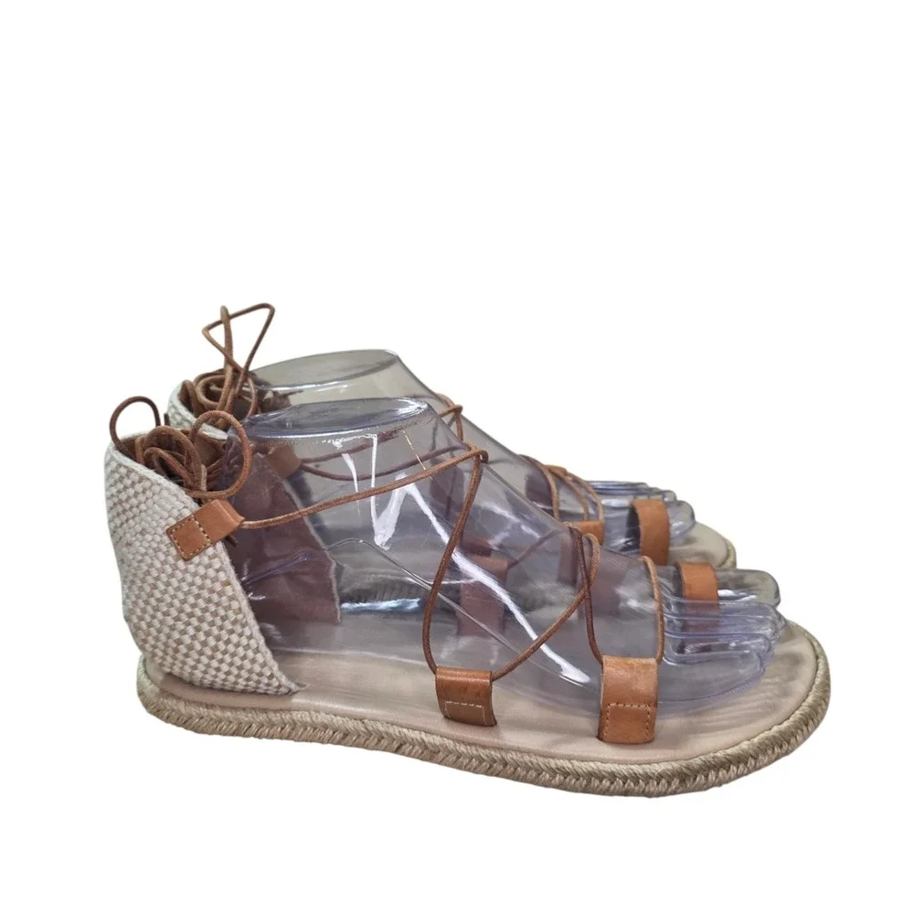 Ancient Greek Sandals Womens 38 Leather Lace Up Gladiator Espadrille Tan